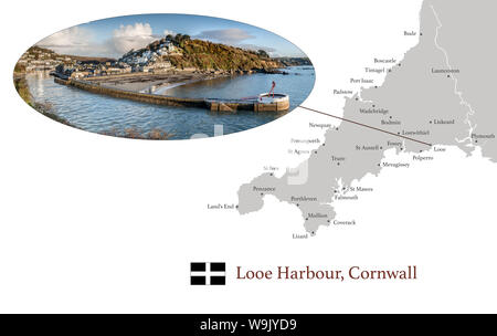 Mappa di Cornovaglia, dotato di immagine fotografica di Looe porto e città chiave della Cornovaglia contrassegnata sulla mappa. Foto Stock