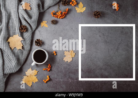 Composizione d'autunno. Una tazza di caffè, maglione, coni, berry rowan, telaio bianco e foglie di autunno maple sul calcestruzzo scuro dello sfondo. Autunno Inverno conc Foto Stock