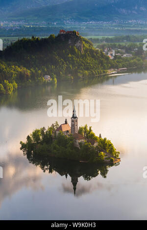 Il lago di Bled Island e il castello di Bled all'alba, le Alpi Giulie, Gorenjska, Slovenia, Europa Foto Stock