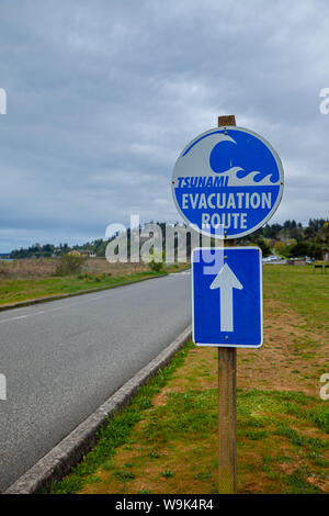 Un segno che mostra un Tsunami i percorsi di evacuazione vicino all'Oceano Pacifico in Washington, Stati Uniti d'America Foto Stock