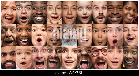 Close up ritratto di giovani. Le emozioni umane, l'espressione del viso. La gente si chiedeva, stupito, urlando e pazzo in felicità, pensando. Creative collage fatto di diverse foto di 25 modelli. Foto Stock