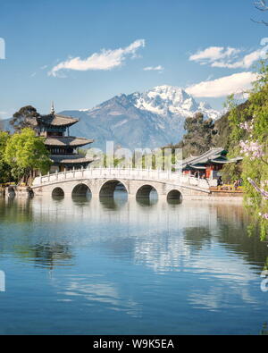 Luna abbracciando Pavilion e Ponte Suocui al Drago Nero piscina nella molla di giada Park, Lijiang, Yunnan, Cina e Asia Foto Stock