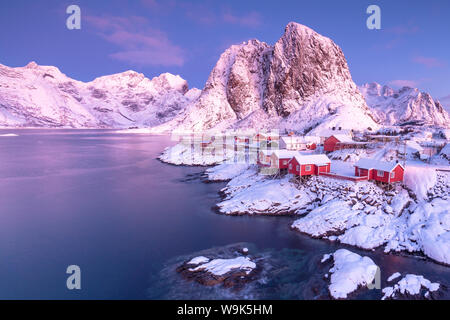 Rosa alba sulle vette innevate circondato dal mare ghiacciato attorno al villaggio di Hamnoy, Nordland, Isole Lofoten artico, Norvegia, Scandinavia, Europa Foto Stock