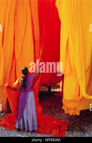 Sari fabbrica di indumento, Rajasthan, India Foto Stock