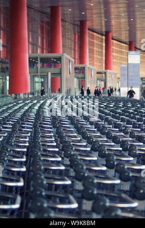 Centinaia di carrelli a aeroporto di Pechino, parte del nuovo Terminal, il secondo edificio più grande al mondo a Pechino, Cina Foto Stock