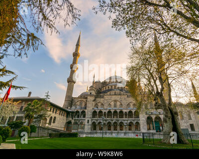 Esterno giorno colpo di Sultan Ahmed moschea, noto anche come la Moschea Blu, un ottomano moschea imperiale si trova in Sultan Ahmed Square, Istanbul, Turchia Foto Stock