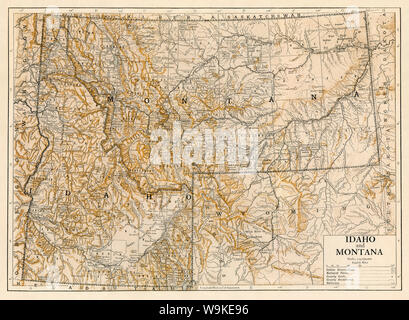 Mappa di Idaho e Montana, 1870s. Litografia a colori Foto Stock