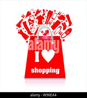 Vendita shopping bag in rosso con vestiti su bianco Illustrazione Vettoriale