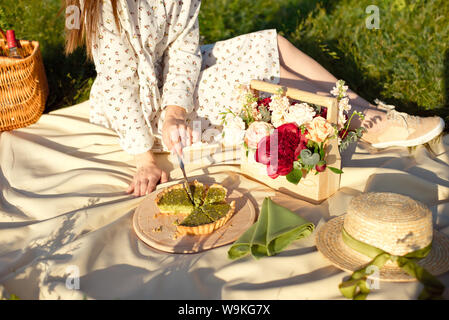 Set picnic a base di frutta, formaggi, toast, miele, vino con un cesto di vimini e una coperta. Bella estate sfondo con la ragazza e i prodotti della natura Foto Stock