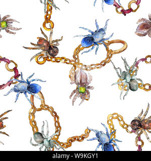 Exotic tarantola ragno insetto selvatico. Acquerello illustrazione dello sfondo impostato. Disegno ad acquerello fashion aquarelle isolato. Seamless patte di sfondo Foto Stock
