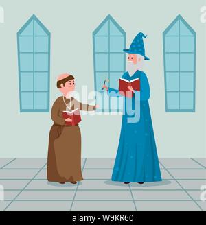 L'uomo monaco e la procedura guidata con libro e Bacchetta magica Illustrazione Vettoriale