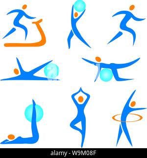 Icone di fitness. Set di colorate sport simboli.isolati su sfondo bianco. Vettore disponibile. Illustrazione Vettoriale