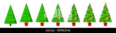 Impostare albero di natale decorazione varie fasi non decorato, decorata con una ghirlanda, decorazione sfere, archi, stelle, stella sulla parte superiore dell'icona di abete rosso. Illustrazione Vettoriale