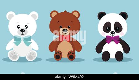 Set di isolato carino vacanza elegante giocattolo di peluche porta con il filtro bow tie in posa seduta di orso bruno orso polare, panda su sfondo blu, Vector clip art Illustrazione Vettoriale