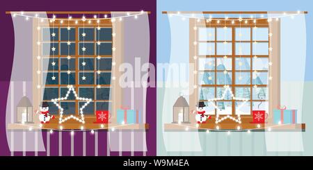 Giorno e notte concetto di decorata sala in legno sul telaio di una finestra in stile cartoon. Illustrazione Vettoriale