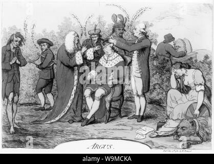 Argus Abstract: Stampa Mostra George III seduto in una sedia addormentato, sulla sinistra si erge un giudice (eventualmente il Conte di Mansfield) con la sua mano sinistra sulla corona, dietro il trono spicca la Earl of Bute, parlando a Mansfield, egli dice che cosa deve essere fatto con esso a cui risponde Mansfield indossare il vostro sel mio Leard, alla destra di Bute sorge America (rappresentato da un nativo che indossa un copricapo piumato), sulla destra si erge un gentiluomo con entrambe le mani sulla corona, dice No troth ho'se portarla a Charly & hel non parte con esso ancora Mon! (Probabilmente un riferimento a Charles Edward il pretendente). Foto Stock