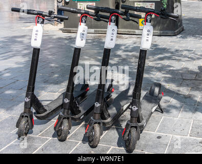 Antwerpen, Belgio - 23 Giugno 2019: Closeup di quattro Black Bird scooter parcheggiato sul marciapiede grigio. Foto Stock