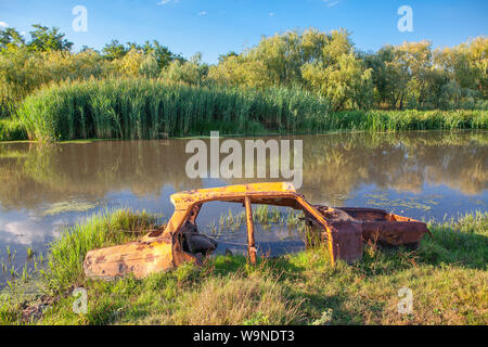 Rusty telaio auto nella palude acqua Foto Stock