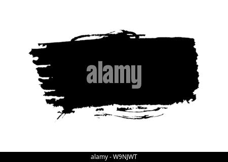 Inchiostro nero splash , splatter su carta bianca. Bold vernice organica tratto di pennello forma , altamente dettagliato. Grunge spazzolata texture di mezzitoni. Illustrazione Vettoriale