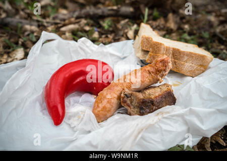 Salsicce alla griglia la pace della bistecca di pepe rosso e due fette di pane in un bianco busta di plastica sul suolo , bosco selvatico traveler pranzo close up Foto Stock