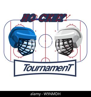 Il logo del hockey di confronto, con club, caschi e puck. Due squadre. Vettore illustrazione piana. Illustrazione Vettoriale