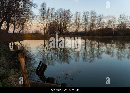 Il mirroring di alberi che coltivata vicino al laghetto e case di villaggio sullo sfondo il paesaggio al tramonto Foto Stock