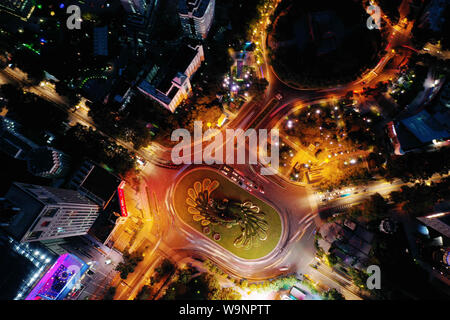 Jiangsu, Jiangsu, Cina. 13 Ago, 2019. Jiangsu, Cina-feb. 13, 2019 una foto aerea mostra due giganti pavoni verde circondato dalle luci della strada e luci al neon di Torre del Tamburo quadrato in Nanjing, provincia di Jiangsu. Credito: SIPA Asia/ZUMA filo/Alamy Live News Foto Stock