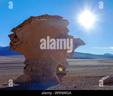 La formazione di Rock Rock o albero Arbol de Piedra, e vulcanico, esteso paesaggio arido sullo sfondo nel deserto Siloli, Eduardo Avaroa riserva Foto Stock