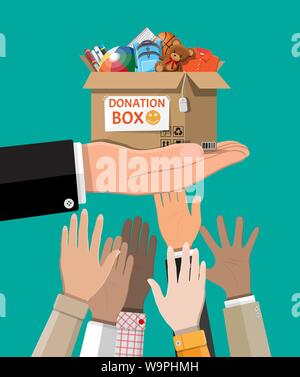 Donazione scatola piena di giocattoli, libri, abiti, dispositivi Illustrazione Vettoriale