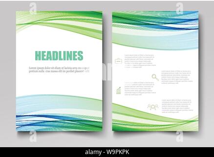 Modello di corporate design brochure, volantini, opuscoli, relazione annuale.blu-verde trasparente astratto onda. Illustrazione Vettoriale