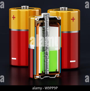 Immagine che mostra una sezione trasversale di una batteria di pile alcaline. 3D'illustrazione. Foto Stock