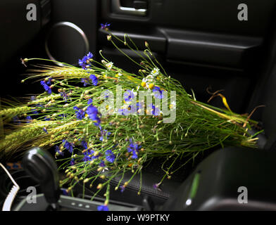 Per interni auto con fiori di campo sul sedile anteriore, la profondità di campo Foto Stock