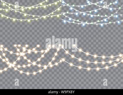 Set di luci di Natale isolato realistici elementi di design. Luci incandescenti per Natale cartoline vacanza, banner, poster, web design. Ghirlande decorazioni Illustrazione Vettoriale