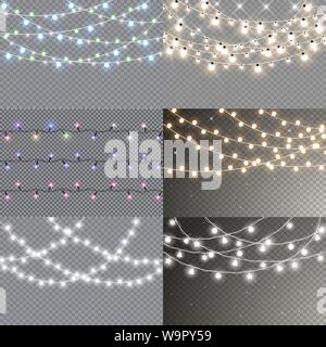 Set di luci di Natale isolato realistici elementi di design. Luci incandescenti per Natale cartoline vacanza, banner, poster, web design. Ghirlande decorazioni. Illustrazione Vettoriale