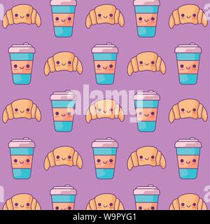 Modello di croissant pane con bevande kawaii style illustrazione vettoriale design Illustrazione Vettoriale