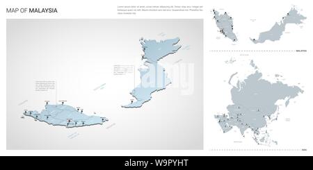 Set di vettore di Malaysia paese. Vista isometrica mappa in 3d, Malaysia mappa Asia mappa - con regione, stato nomi e nomi di città. Illustrazione Vettoriale