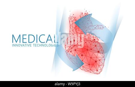 Totale del cuore sano picchia 3d bassa medicina poli concetto. Triangolo rosso farmacia farmacia in background. Frecce incandescente moderna tecnologia innovativa cuore Illustrazione Vettoriale