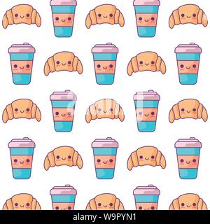 Modello di croissant pane con bevande kawaii style illustrazione vettoriale design Illustrazione Vettoriale