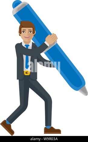 Business man tenendo la penna concetto mascotte Illustrazione Vettoriale