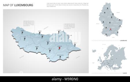 Set di vettore del paese di Lussemburgo. Vista isometrica mappa in 3d, Lussemburgo mappa, mappa dell'Europa - con regione, stato nomi e nomi di città. Illustrazione Vettoriale