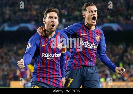 Barcellona, Spanien. Xvi Apr, 2019. firo: 16.04.2019, calcio, calcio: UEFA Champions League, CL, stagione 2018/2019 Quarti di finale, Ruck, FC Barcelona - Manchester United giubilo, obiettivo - Barcellona avanti Lionel Messi (10) festeggia con il Barcellona centrocampista Philippe Coutinho (7) 1-0 | Utilizzo di credito in tutto il mondo: dpa/Alamy Live News Foto Stock