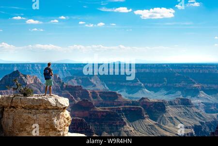 Uomo in piedi sulla roccia, vista del canyon paesaggio dal Bright Angel Viewpoint, North Rim, il Parco Nazionale del Grand Canyon, Arizona, Stati Uniti d'America Foto Stock