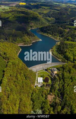 Vista aerea, Hasper dam, Hasper diga a bassa marea, Ruhr, Hagen, Ennepetal, la zona della Ruhr, Nord Reno-Westfalia, Germania Foto Stock