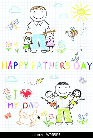 Dei bambini felici con il papà. Schizzo su pagina del notebook Illustrazione Vettoriale