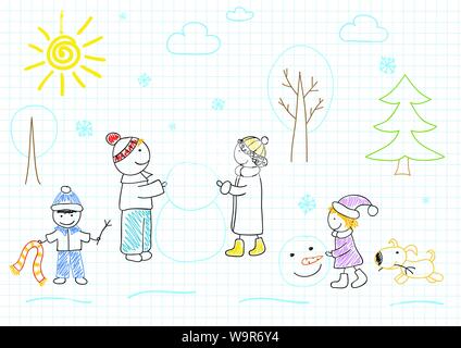 La famiglia felice scolpisce pupazzo di neve. Disegno per bambini Illustrazione Vettoriale