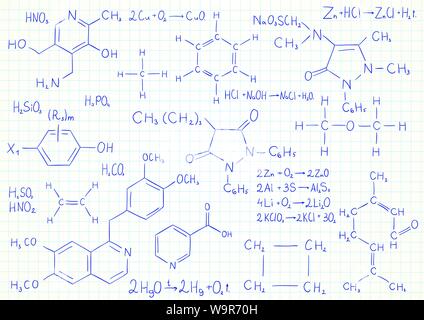 Sfondo del vettore con la chimica formule ed equazioni sulla pagina del notebook Illustrazione Vettoriale