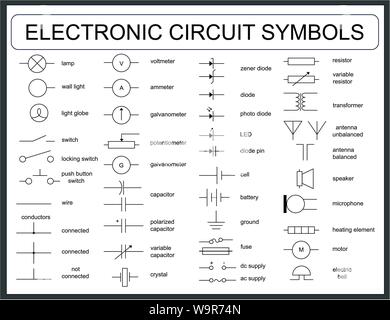 Raccolta di vettore blueprint circuito elettronico simboli - led, il resistore interruttore, condensatore, trasformatore, filo, altoparlante, lampada, diodo zener, fusibili potentiom Illustrazione Vettoriale