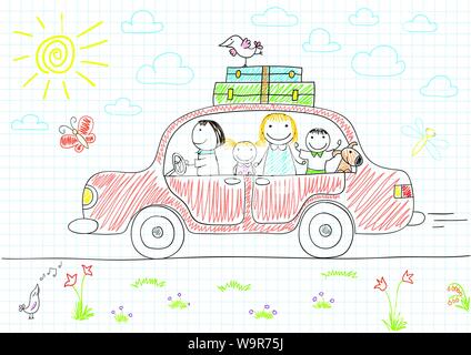 La famiglia felice - mamma, papà e due bambini in auto. Schizzo su pagina del notebook Illustrazione Vettoriale