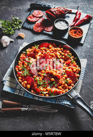 Close-up di Garbanzos fritos, caldo stufato di ceci con affettato chorizo, prosciutto, pomodori e le spezie in una padella su una tabella di calcestruzzo con ingredienti, spani Foto Stock