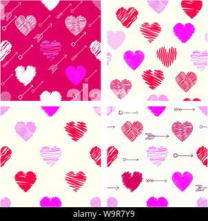 Set di quattro differenti retrò geometrica del vettore seamless pattern di san valentino (rivestimenti) con cuori e frecce. Tessitura senza fine può essere utilizzato per riempire di pattern Illustrazione Vettoriale